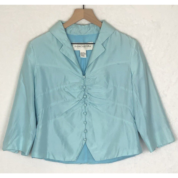 DONCASTER 100% Silk Top Sz M Aqua Blue‎ Button Lined 3/4 Sleeve Button Up Notch - Picture 1 of 10